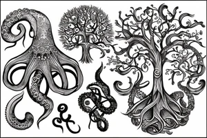 create a shoulder tattoo that includes a rave, octopus, and the tree of life tattoo idea