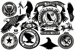 A soldier with a eagle in the background and the number 0 and 7 tattoo idea