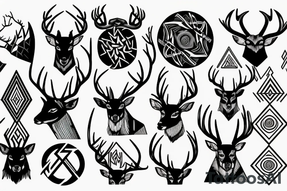 Norse themes, and geometric arm sleeve, include nature and a deer head with antlers tattoo idea
