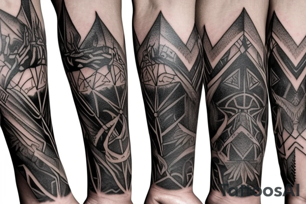 Norse themes, and geometric arm sleeve, include nature and a deer head with antlers tattoo idea