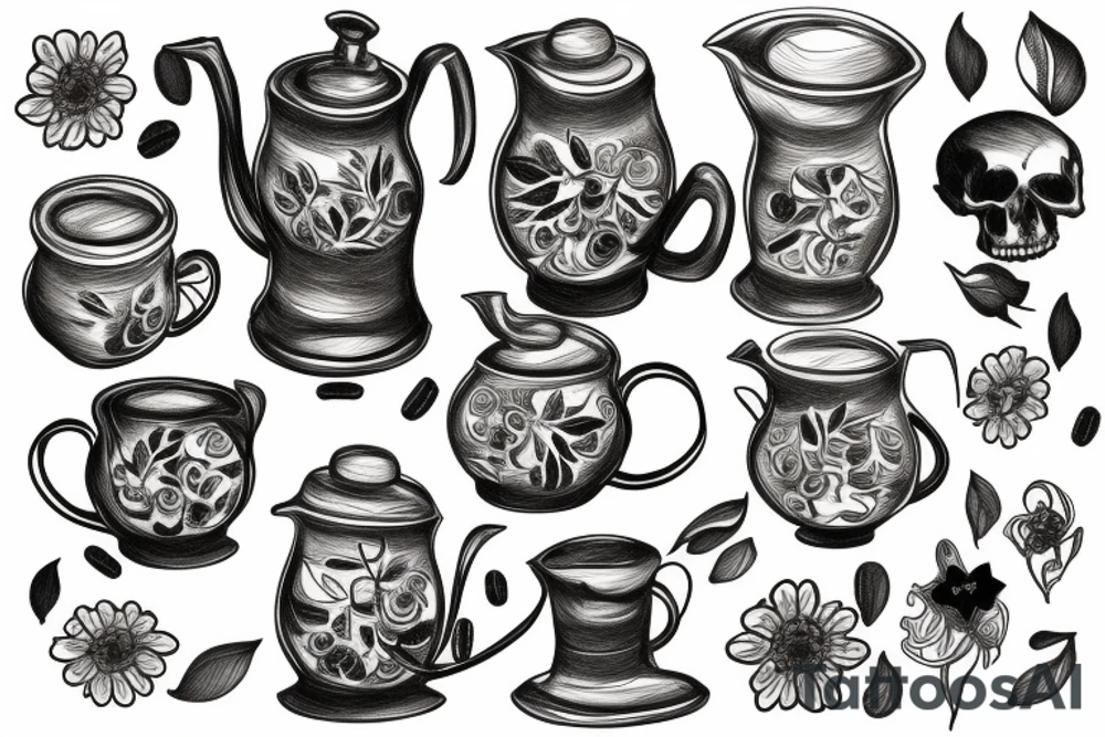 Coffee pot with dead flowers in it tattoo idea
