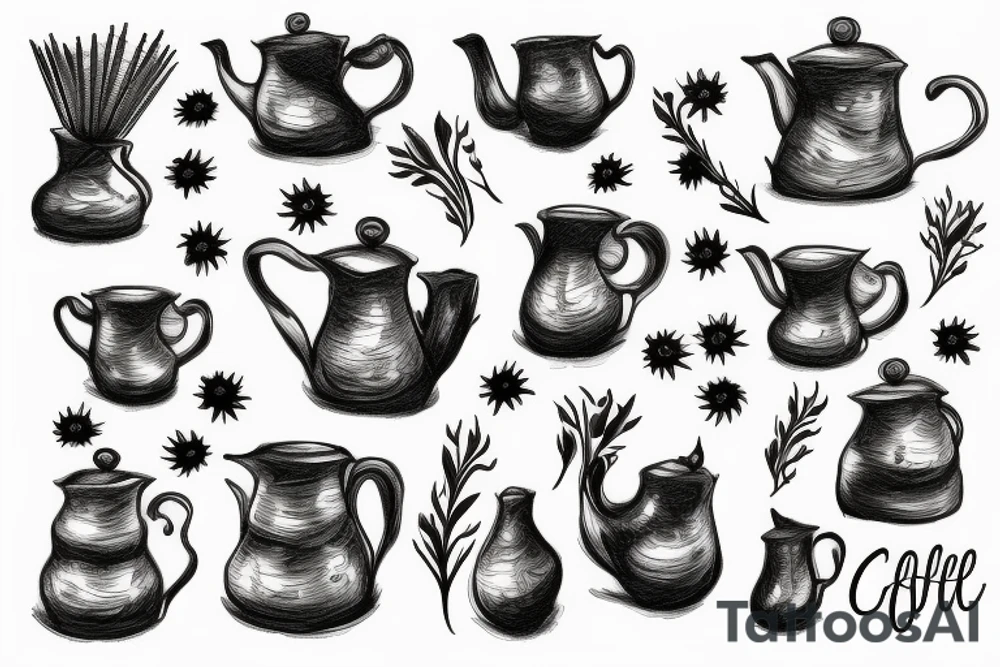 Coffee pot with dead flowers in it tattoo idea