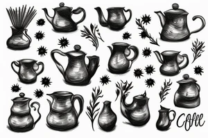 Coffee pot with dead flowers in it tattoo idea