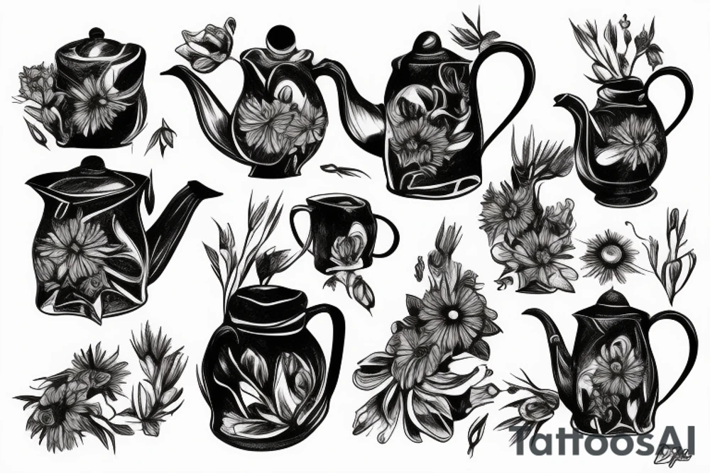 Coffee pot with dead flowers coming out of it tattoo idea