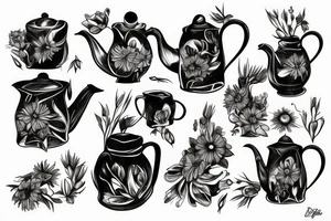 Coffee pot with dead flowers coming out of it tattoo idea