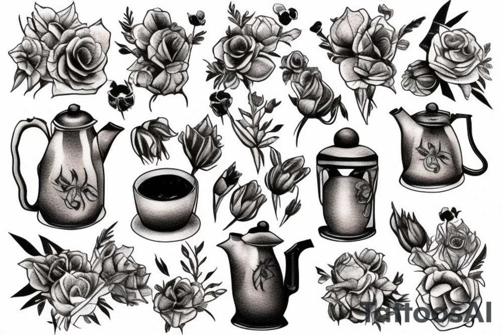 Coffee pot with dead flowers coming out of it tattoo idea