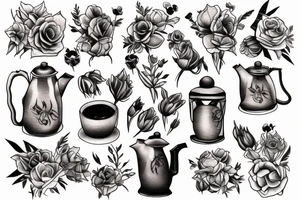 Coffee pot with dead flowers coming out of it tattoo idea