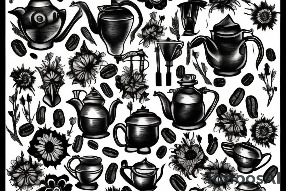 Coffee pot with dead flowers coming out of it tattoo idea