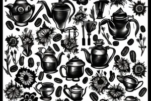 Coffee pot with dead flowers coming out of it tattoo idea