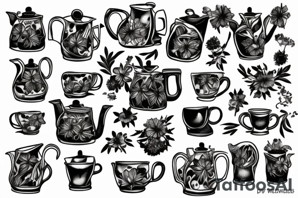 Coffee pot with dead flowers coming out of it tattoo idea