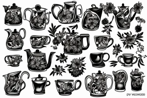 Coffee pot with dead flowers coming out of it tattoo idea