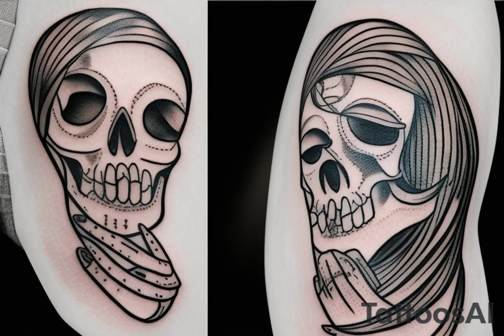 A girl holding a knife and skull tattoo idea