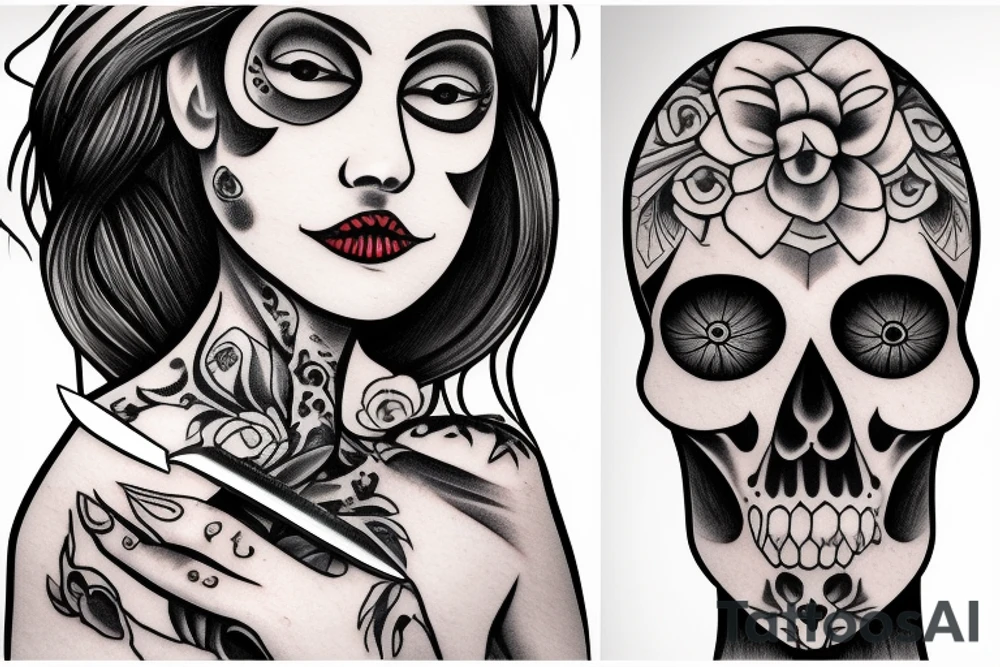 A girl holding a knife and skull tattoo idea