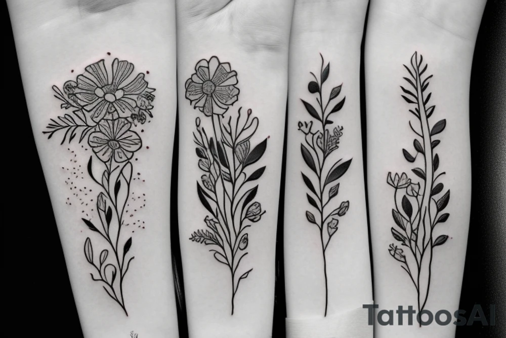 January February may and December birth flower bouquet tattoo idea