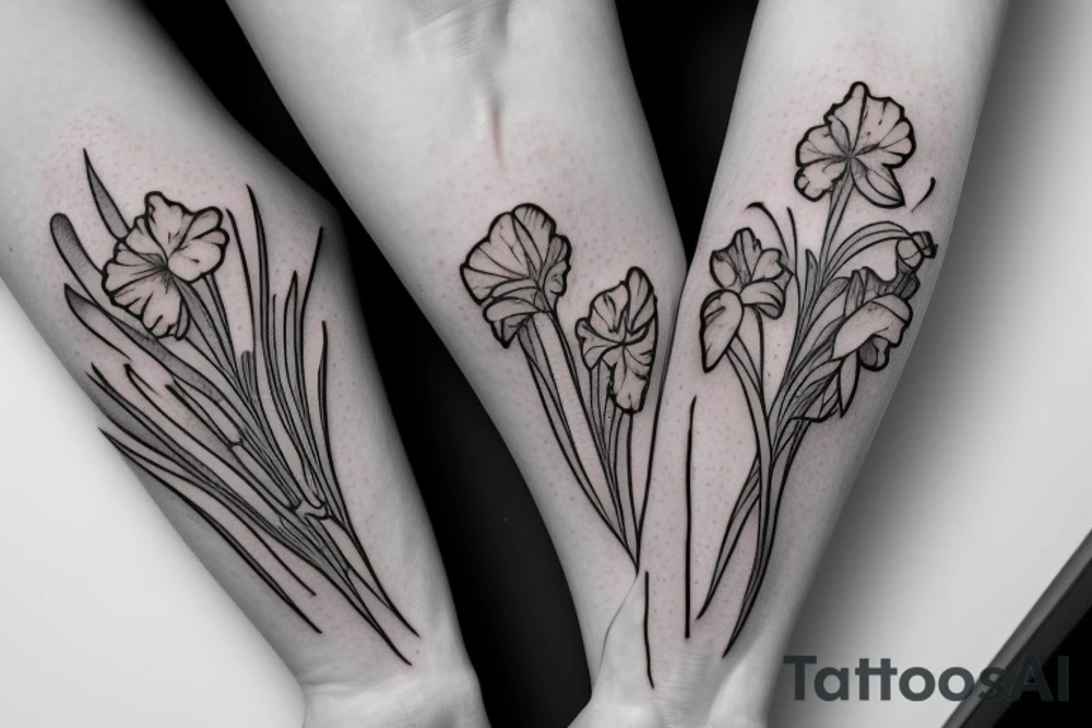Carnation, violet, lily of the valley, narcissus bouquet tattoo idea