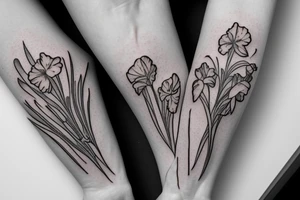 Carnation, violet, lily of the valley, narcissus bouquet tattoo idea