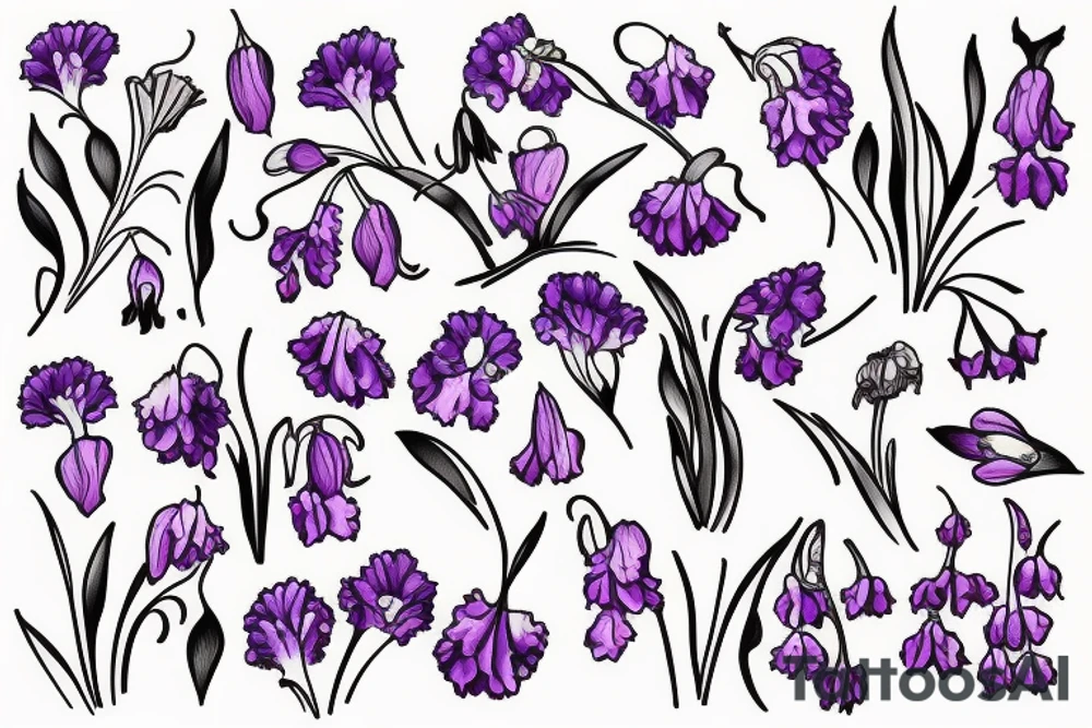 Carnation, violet, lily of the valley, narcissus bouquet tattoo idea