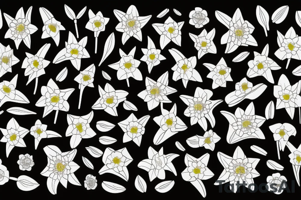A bouquet of daffodils, lilacs and lilys and the number 27 incorporated in it tattoo idea