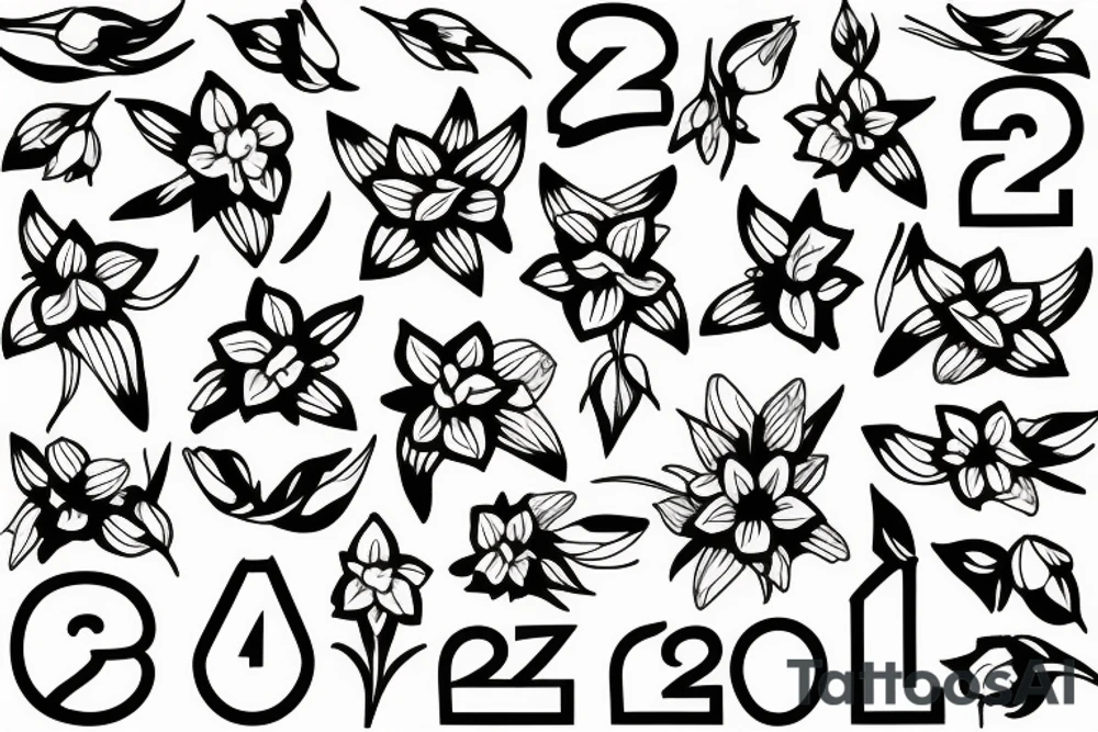 A bouquet of daffodils, lilacs and lilys and the number 27 incorporated in it tattoo idea