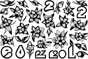 A bouquet of daffodils, lilacs and lilys and the number 27 incorporated in it tattoo idea