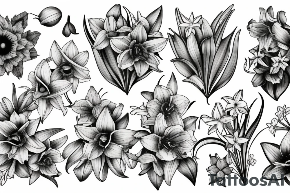 A bouquet of daffodils, lilacs and lily’s tattoo idea