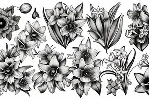 A bouquet of daffodils, lilacs and lily’s tattoo idea