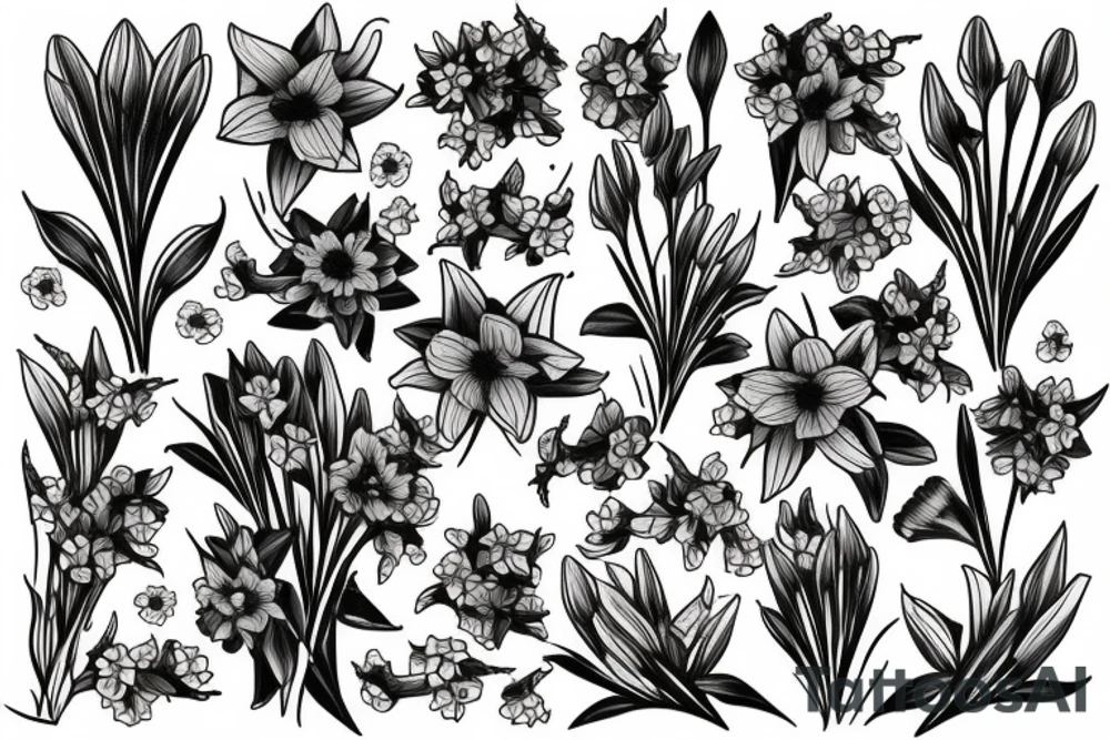 A bouquet of daffodils, lilacs and lily’s tattoo idea
