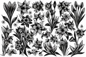 A bouquet of daffodils, lilacs and lily’s tattoo idea