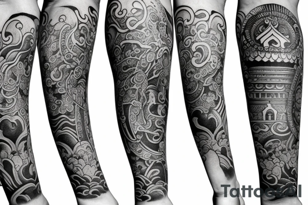 Arm sleeve with Buddhist influences tattoo idea