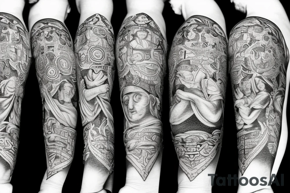 Amor Fati, ancient philosophers, stoicism, freedom sleeve, justice, temperance, wisdom, courage tattoo idea