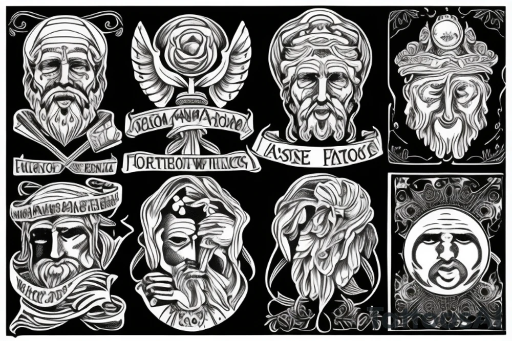 Amor Fati, ancient philosophers, stoicism, freedom sleeve, justice, temperance, wisdom, courage tattoo idea