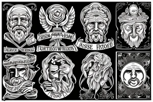 Amor Fati, ancient philosophers, stoicism, freedom sleeve, justice, temperance, wisdom, courage tattoo idea