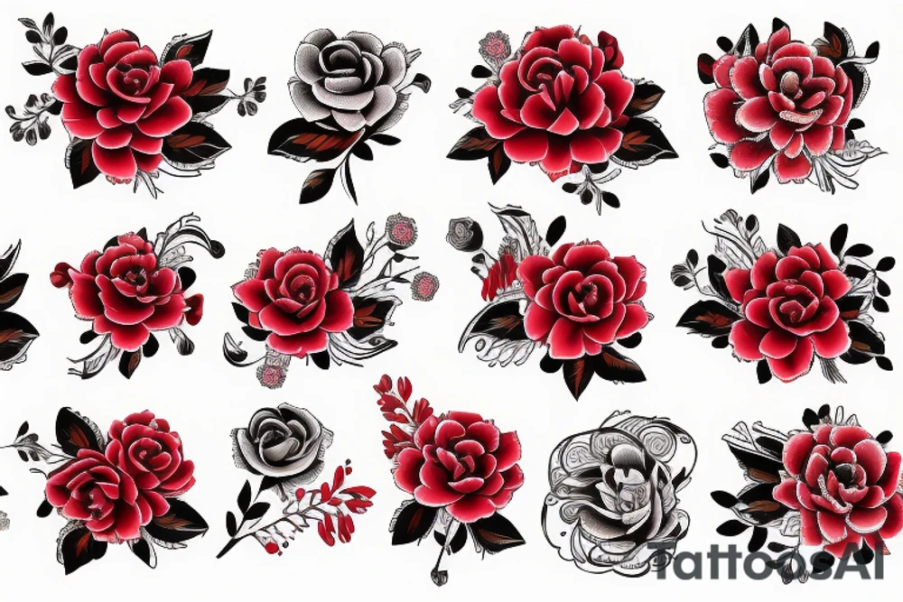 Baroque red flowers black lines tattoo idea