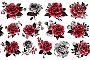 Baroque red flowers black lines tattoo idea