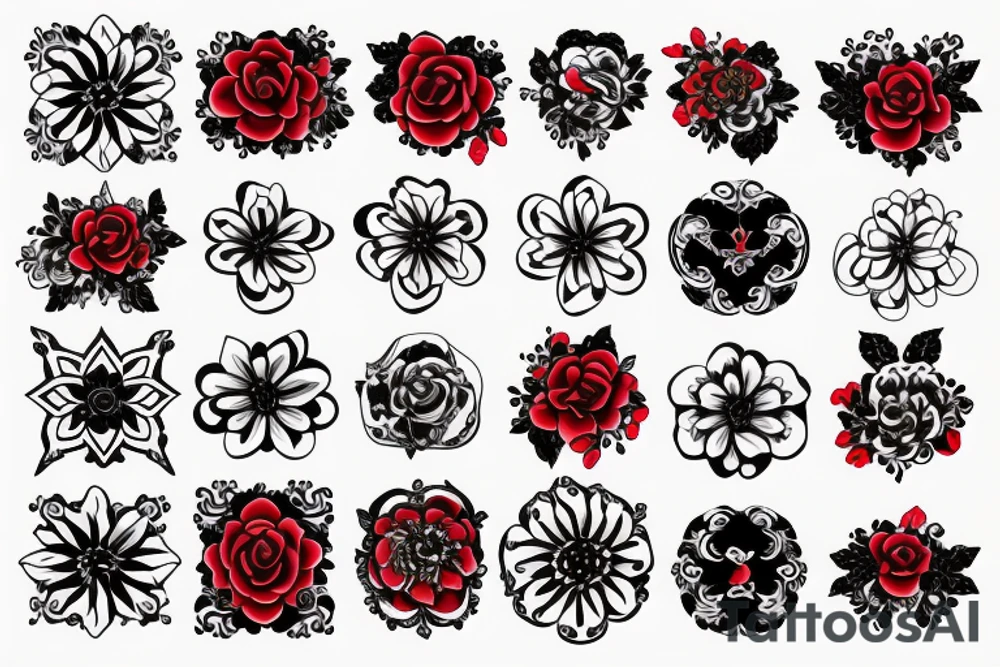 Baroque red flowers black lines tattoo idea