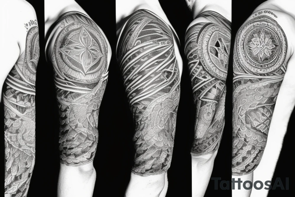 Sleeve with Sacred geometry , eagles, fish tattoo idea