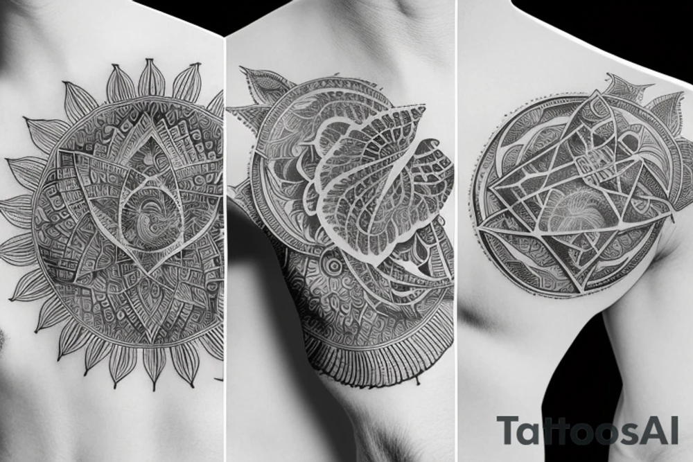 Sleeve with Sacred geometry , eagles, fish tattoo idea