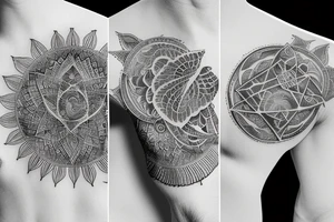 Sleeve with Sacred geometry , eagles, fish tattoo idea