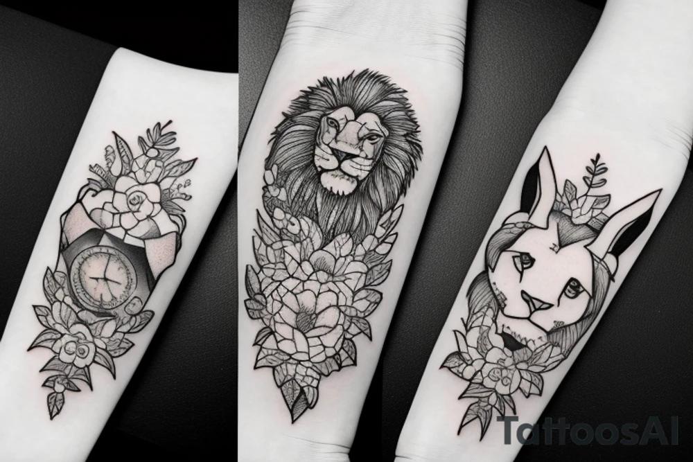 Lion and a lamb with flowers tattoo idea