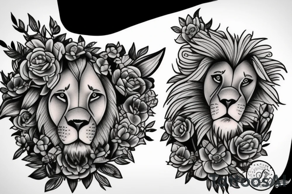 Lion and a lamb with flowers tattoo idea