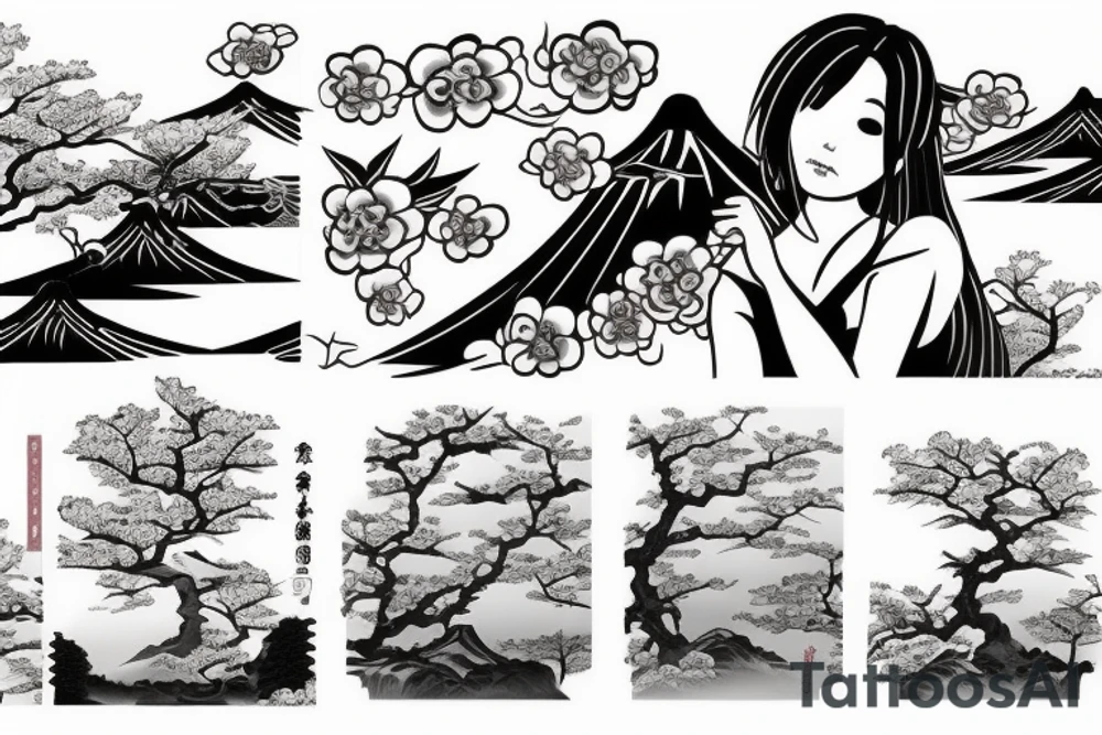 a japanese girl in a japanese landscape with a cherry tree and a temple tattoo idea