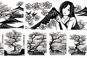 a japanese girl in a japanese landscape with a cherry tree and a temple tattoo idea