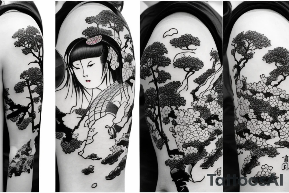 a japanese girl in a japanese landscape with a cherry tree and a temple tattoo idea