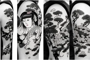 a japanese girl in a japanese landscape with a cherry tree and a temple tattoo idea