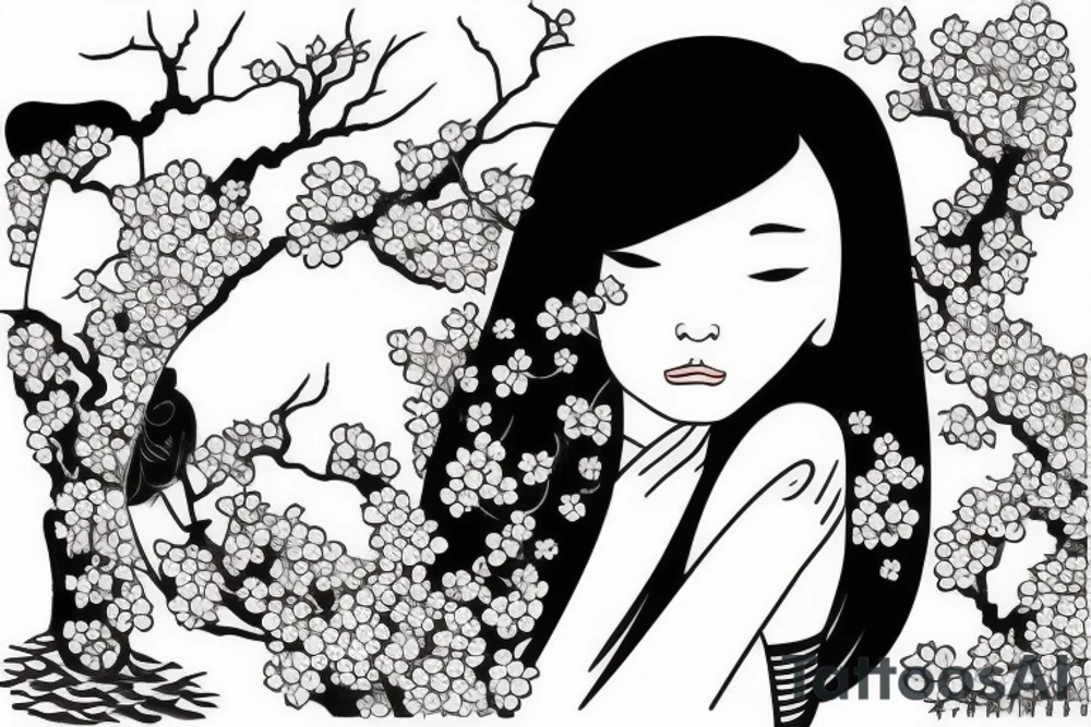 a chinese girl in a japanese landscape with a cherry tree and a temple tattoo idea