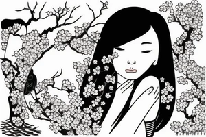 a chinese girl in a japanese landscape with a cherry tree and a temple tattoo idea