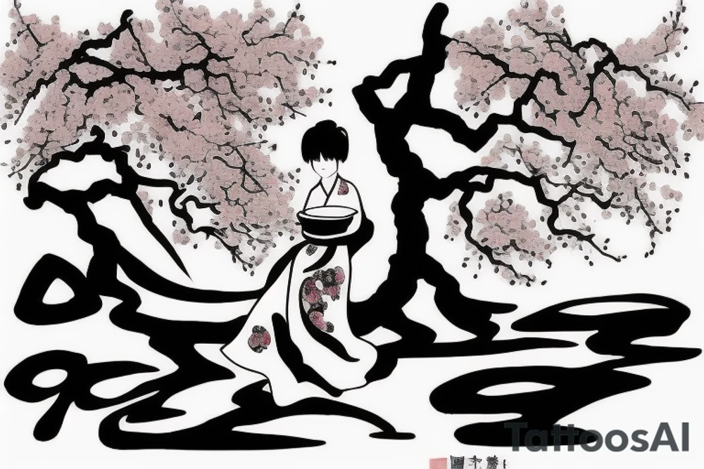 a chinese girl in a japanese landscape with a cherry tree and a temple tattoo idea