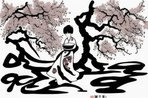 a chinese girl in a japanese landscape with a cherry tree and a temple tattoo idea
