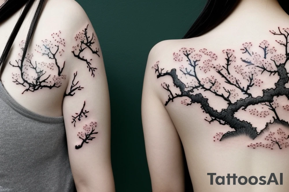a chinese girl in a japanese landscape with a cherry tree and a temple tattoo idea