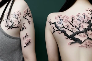 a chinese girl in a japanese landscape with a cherry tree and a temple tattoo idea